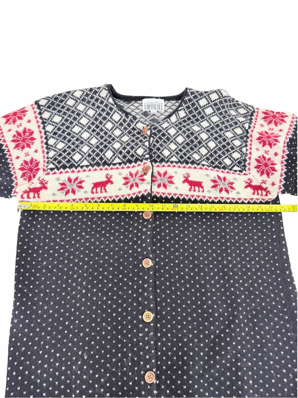 L'OFFICIEL Black Red Nordic Fair Isle 100% Wool Cardigan Vintage size M - Picture 9 of 11